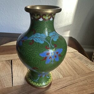 Vintage Chinese Cloisonne‎ Vase 5" Enamel Green Blue Floral Chinoiserie Brass